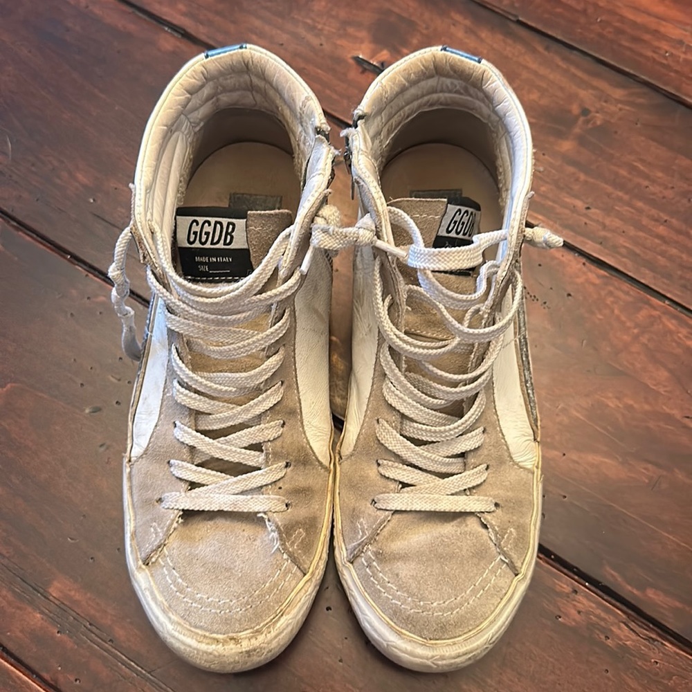 Golden Goose Beige and White High-Top Sneakers